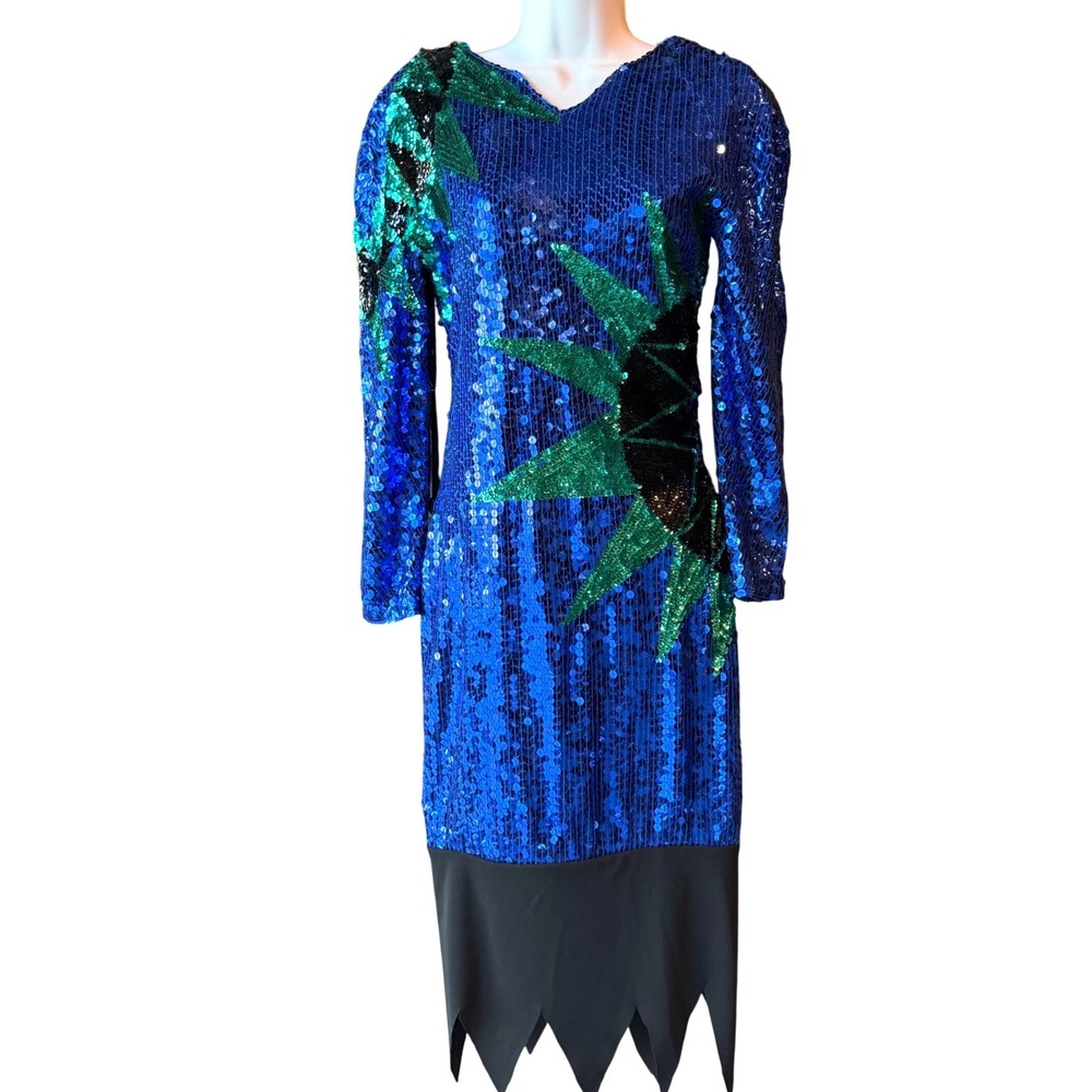 Nadine Boutique Hand Beaded Sequin Dress Small Blue Vtg Party Costume Halloween